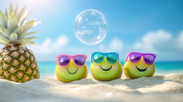 Pineapple and yellow figures with sunglasses on a beach scene day