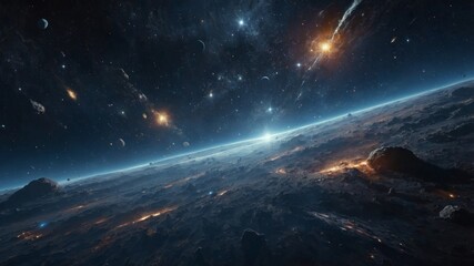 The image presents a vast space scene with an alien planet under a starry night sky, full of cosmic wonders.