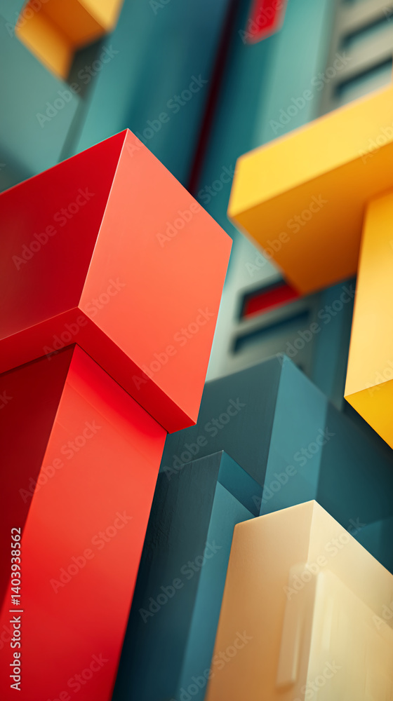 Poster close-up of red, yellow, and teal geometric shapes creating a modern abstract compositionshowcase id
