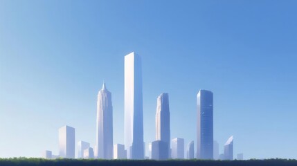 Pixelated City Skyline At Daylight Displaying Modern Architecture With Blue Sky And Sunshine