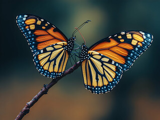Naklejka premium Two butterflies resting on a twig wings adorned with orange and blue patterns against a blurred background