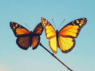 Fototapeta premium Two colorful butterflies perch on a delicate twig against a clear blue sky wings open and illuminated