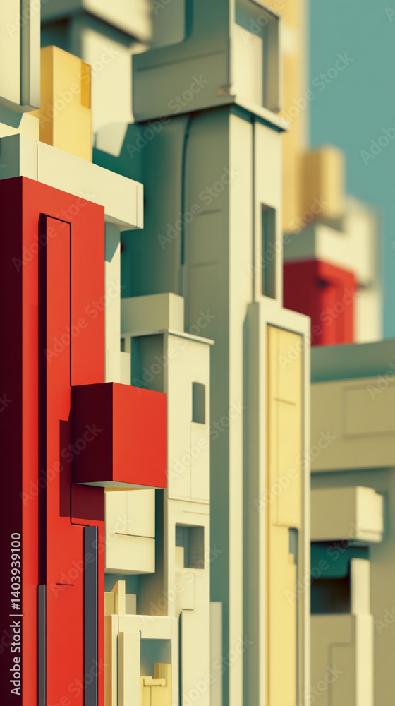 Poster Abstract geometric cityscape, showcasing red and beige building blocks, creating a modern architectural scene suitable for background or mockup