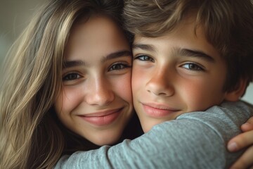 Happy mother hug her teenage son and rejoices because she is reconciled with her son with whom she had a complicated relationship, Generative AI