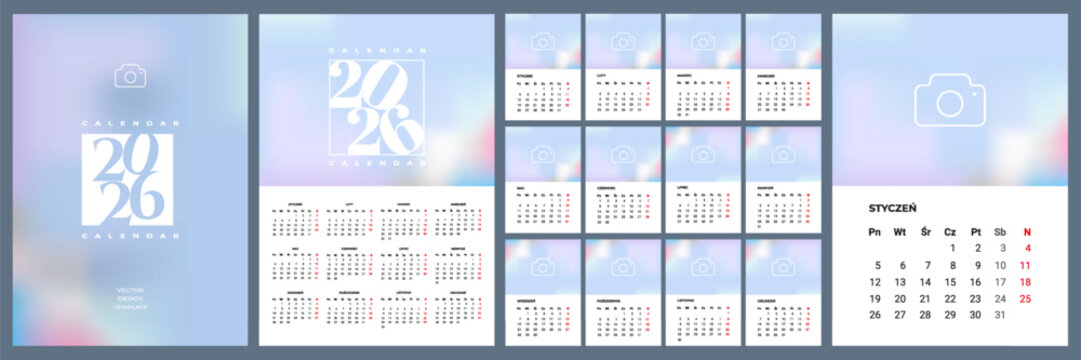 Monthly vertical calendar template for 2026 year in Polish language with week start Monday. Corporate design layout for print, wall calendar, digital calendar. Suitable for A3 A4 A5 format.