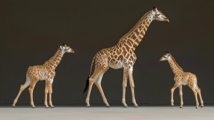Fototapeta premium Three Giraffes of Varying Ages Pose Against a Dark Background