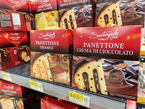 Kropyvnytskyi, Ukraine - April 11, 2025: Panettone with chocolate and tiramisu in the supermarket. Easter traditional cakes and bread