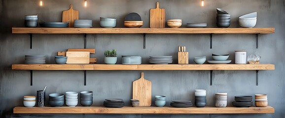 Rustic Kitchen Shelves Stoneware Bowls Plates