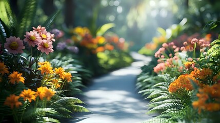 A sun-dappled botanical garden path lined with vibrant blooming flowers and ferns, representing tranquil nature walks