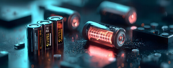 Battery replacement electronics concept. Battery management system, holographic performance data, dark cyberpunk background