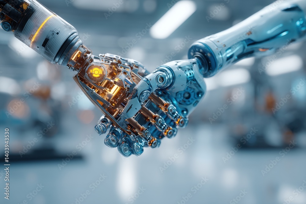 Poster a futuristic close-up view of two robotic hands joining in a handshake, symbolizing collaboration an