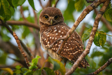 Burrowing Owl perched on a branch staring