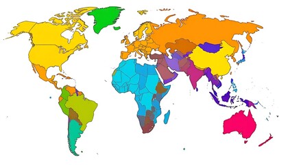 Colorful World Map Illustration Showing Continents and Regions Geographically