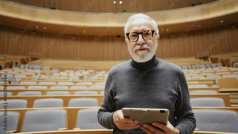 Poster A lecturer holds a tablet during a class in a university lecture hall.