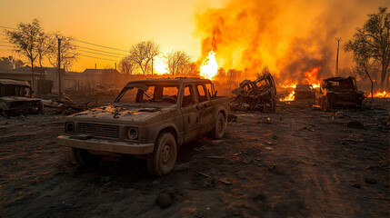 Obraz premium War-torn landscape; destruction; vehicles ablaze