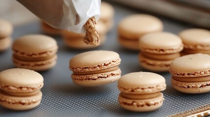 French macaron recipe piping almond batter onto silicone mat with a pastry bag