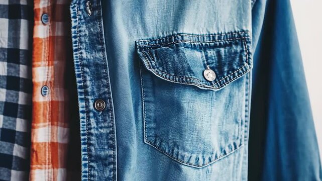Detailed close-up of a light blue denim shirt over black, white, orange plaid flannel, showcases silver button and chest pocket detail.