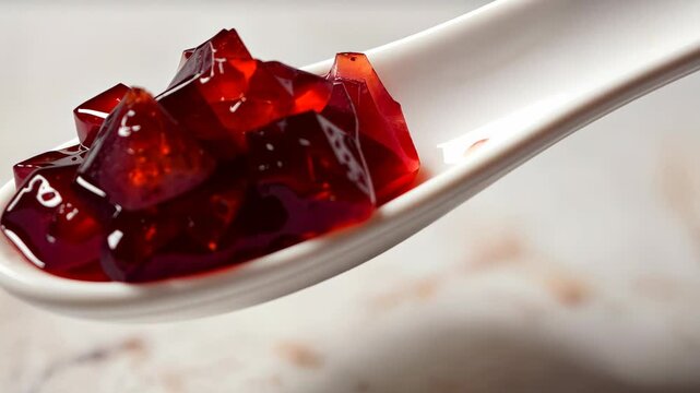 Shiny Red Gelatin Dessert Cubes on a White Ceramic Spoon, Macro Shot of Ruby Colored Jelly