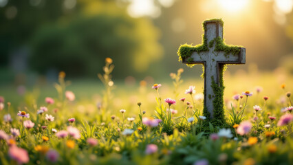 Cross with flowers at base on field