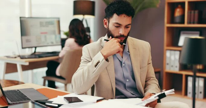 Businessman, lawyer and thinking with documents for legal advice, case or lawsuit at office desk. Man, thoughtful employee or attorney writing with paperwork for policy, regulations or testimonial