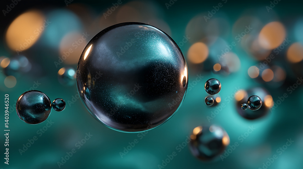 Poster Dark teal spheres, varying in size, float against a blurred background of teal and amber bokeh, creating an abstract, elegant, and mysterious atmosphere