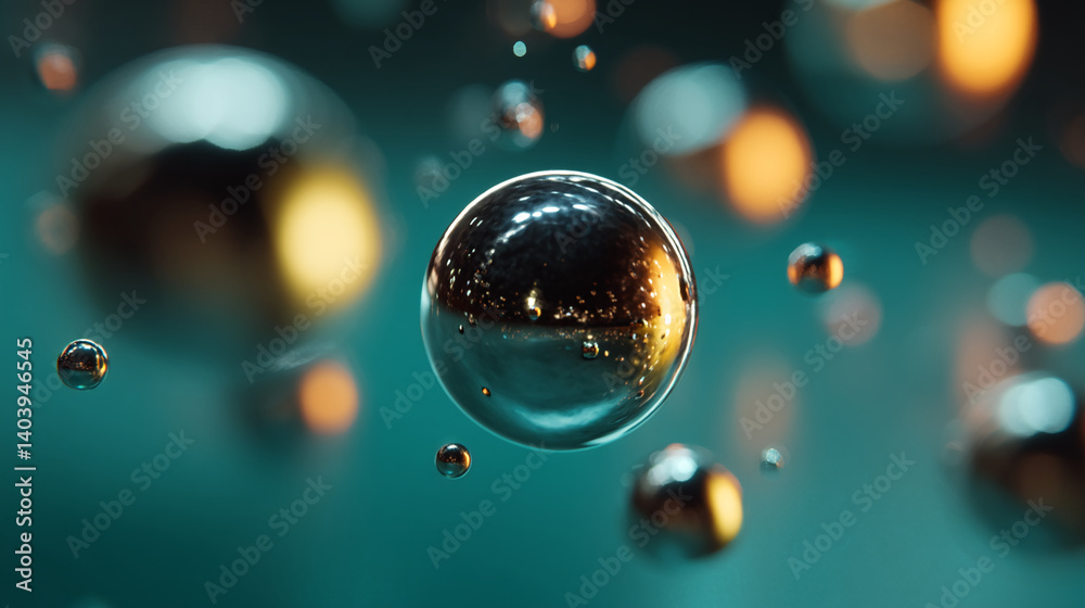 Poster metallic sphere in teal background, surrounded by smaller, blurred spheres, creating an abstract, re