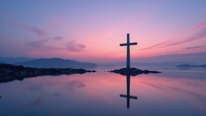Naklejka premium A tranquil lakeside sunset with a large cross on an island reflecting on still waters.