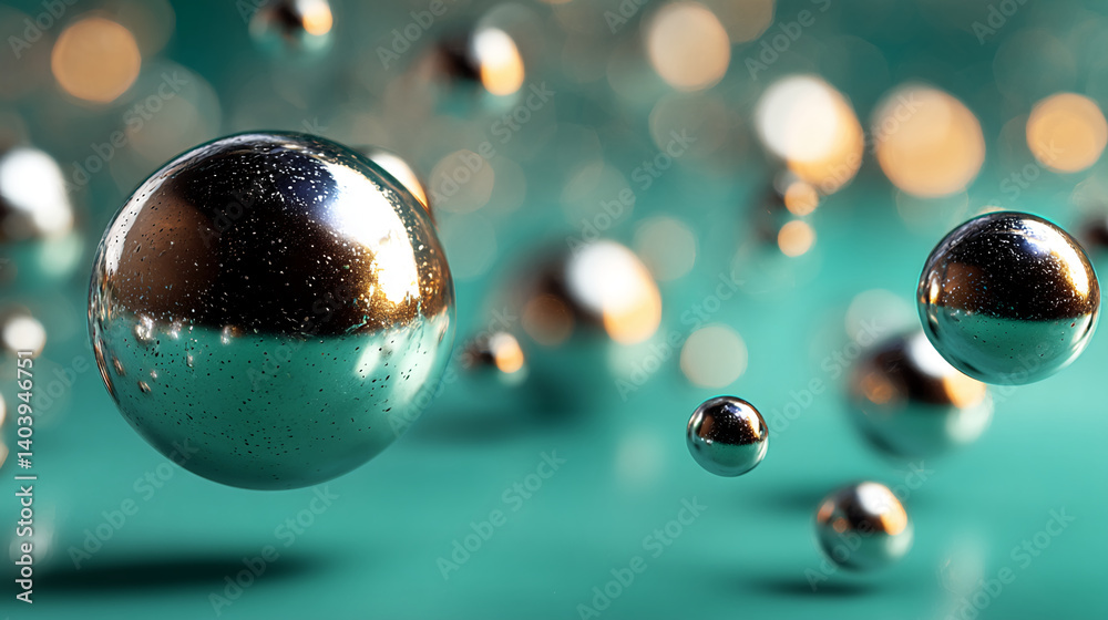 Poster Metallic spheres float against a teal backdrop, creating a reflective, abstract image showcasing smooth surfaces and bokeh effects, symbolizing elegance, modern design, and technology