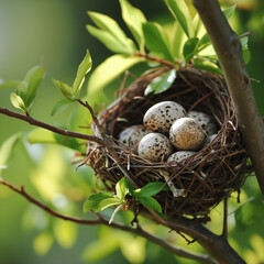 Fototapeta premium Nid d’oiseau avec œufs, posé sur une branche au-dessus de la forêt, ambiance naturelle et paisible, symbole de naissance et de printemps, fond flou bokeh verdoyant avec espace négatif copyspace