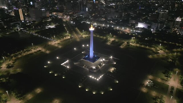Aerial view clip of National Monument or also known as Monas, located in Jakarta, the capital city