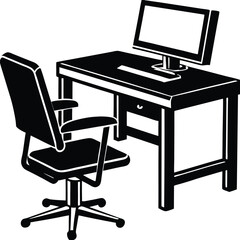 Minimal Black Silhouette of Computer Desk Setup