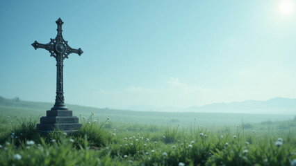 A tranquil graveyard scene with a cross on a grassy hill under a soft blue sky.
