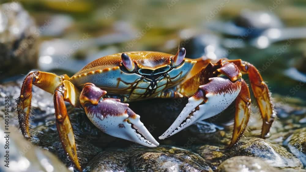 Poster a crab perched on top of a pile of rocks, ready to scuttle away.