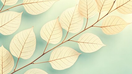 Obraz premium Elegant leaves in light hues against a soft blue background, evoking a tranquil and sophisticated ambiance. 