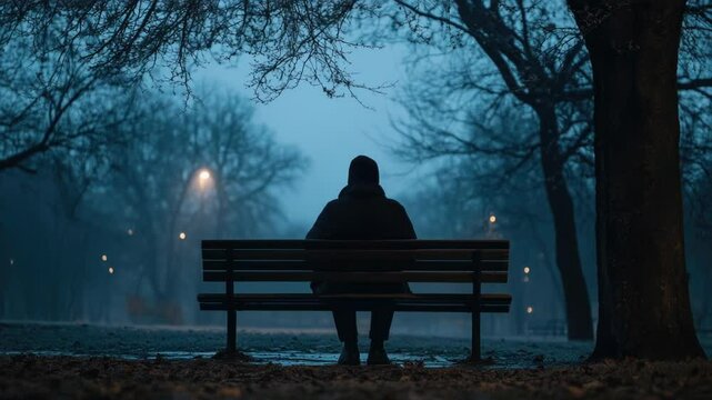 A person sits on a bench in a park at night, with surrounding scenery.