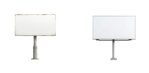 Collection of old and blank billboards with metal frames and signs showing wear