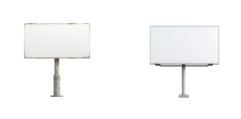 Collection of old and blank billboards with metal frames and signs showing wear