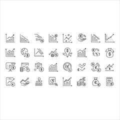 Finance And Investment Icons Set-Growth, Decline, Currency, Analytics, Vector Line Art.