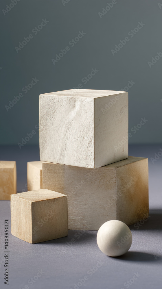 Poster wooden cubes and sphere on gray surface, creating a minimalist, geometric display, showcasing produc