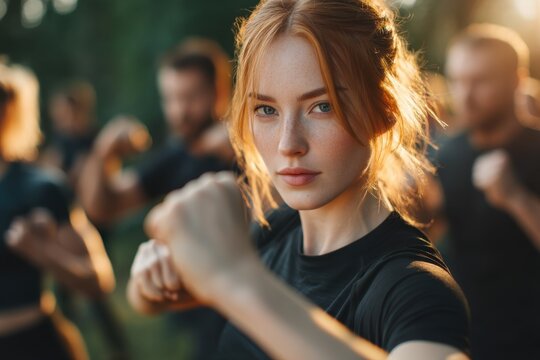 A group of people are participating in a self defense class in the park, a young woman in focus in the front row showing her fighting stance to the camera.
