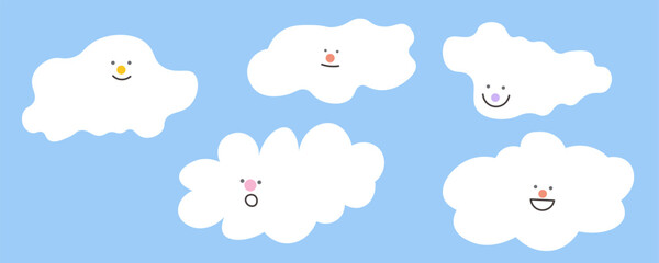 clouds with faces set in doodle style in vector. Element for poster sticker design logo decoration prints mascot card