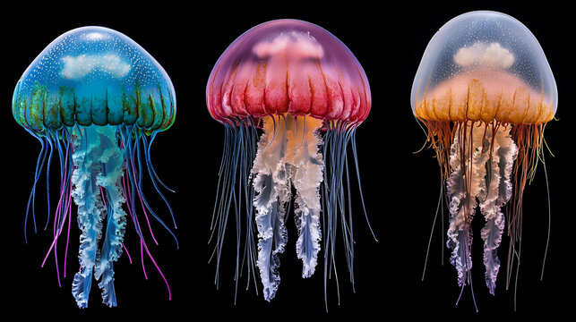 Three Colorful Bioluminescent Jellyfish on Black Background