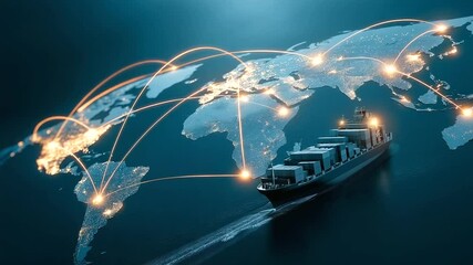 A dynamic visual of a global logistics network optimizing shipping efficiency.