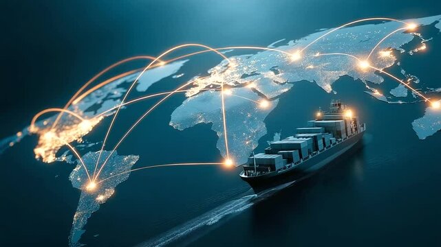 A dynamic visual of a global logistics network optimizing shipping efficiency.