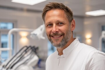 A friendly and professional dentist smiling confidently in his modern office, providing a sense of trust and reliability for oral healthcare and dental services.
