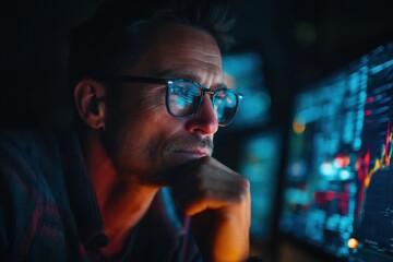 A focused man with glasses contemplates stock market data on a screen, deep in thought about financial investments and trading strategies at night.