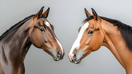 Obraz premium Two Horses Head to Head Portrait Against Gray Background