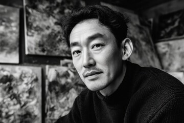 A striking black and white portrait of a contemplative Asian man with paintings, showcasing artistic expression and introspective mood, high contrast and artistic sense.
