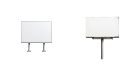 Collection of various blank signboards with different sizes and shapes displayed in a row