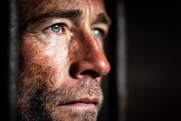 Obraz premium A close-up profile of a man behind bars, conveying themes of incarceration, longing, and a pensive gaze, showing the weight of captivity and introspection.